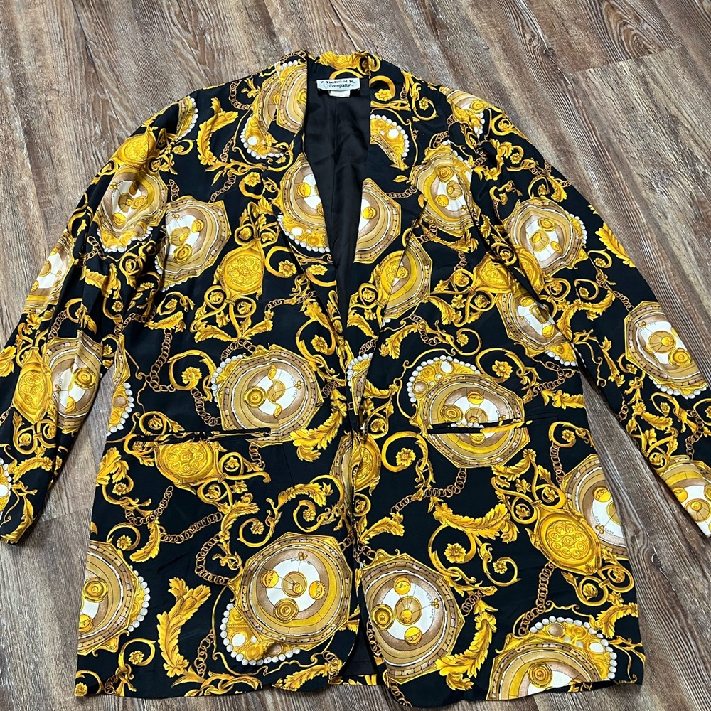 Vintage Elegant Black and Gold Patterned Blazer‎